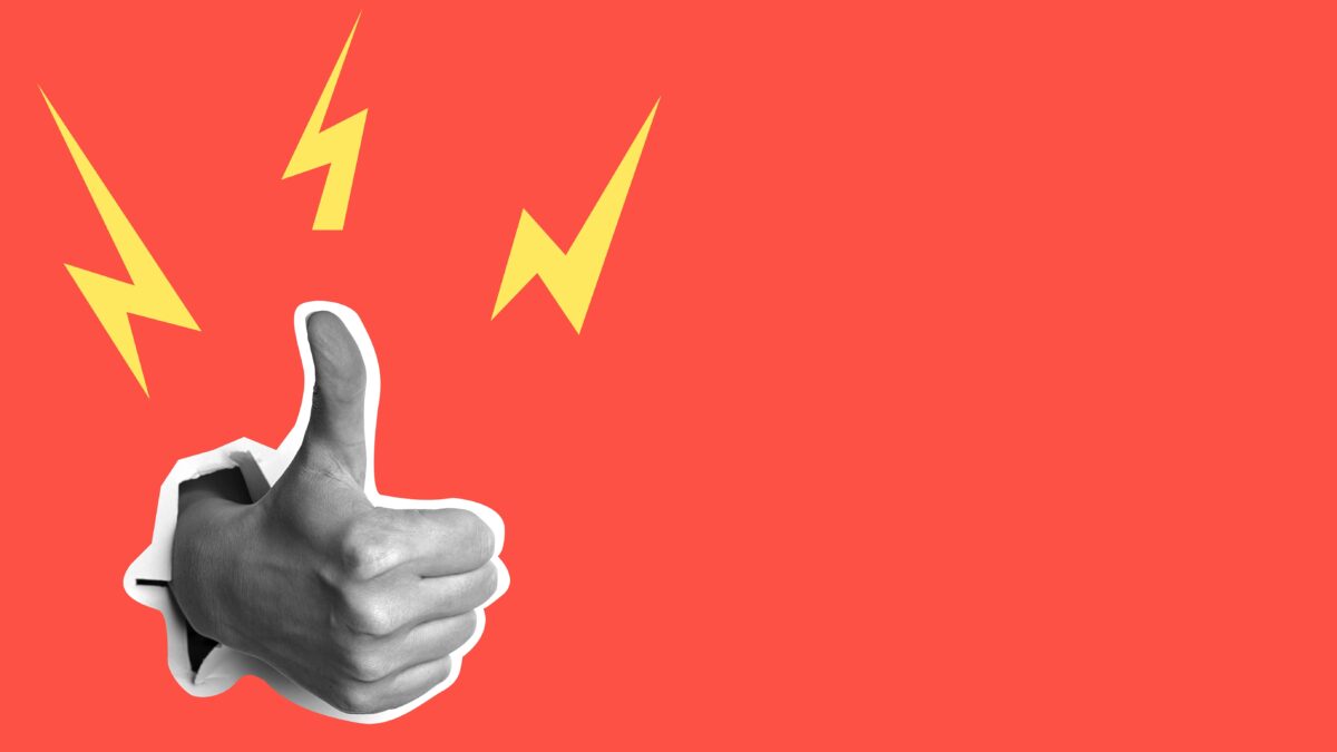 A thumbs up with lightning bolts on a red background