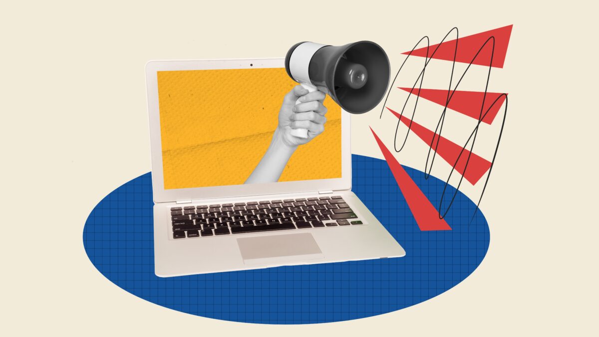 Image of a hand holding a megaphone coming out of a laptop in a blue circle with a cream background