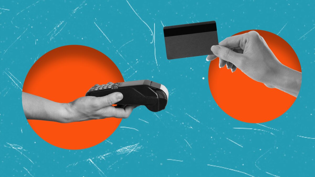 Two hands, one holding a credit card and another holding a credit card reader, in red circles on a blue background.