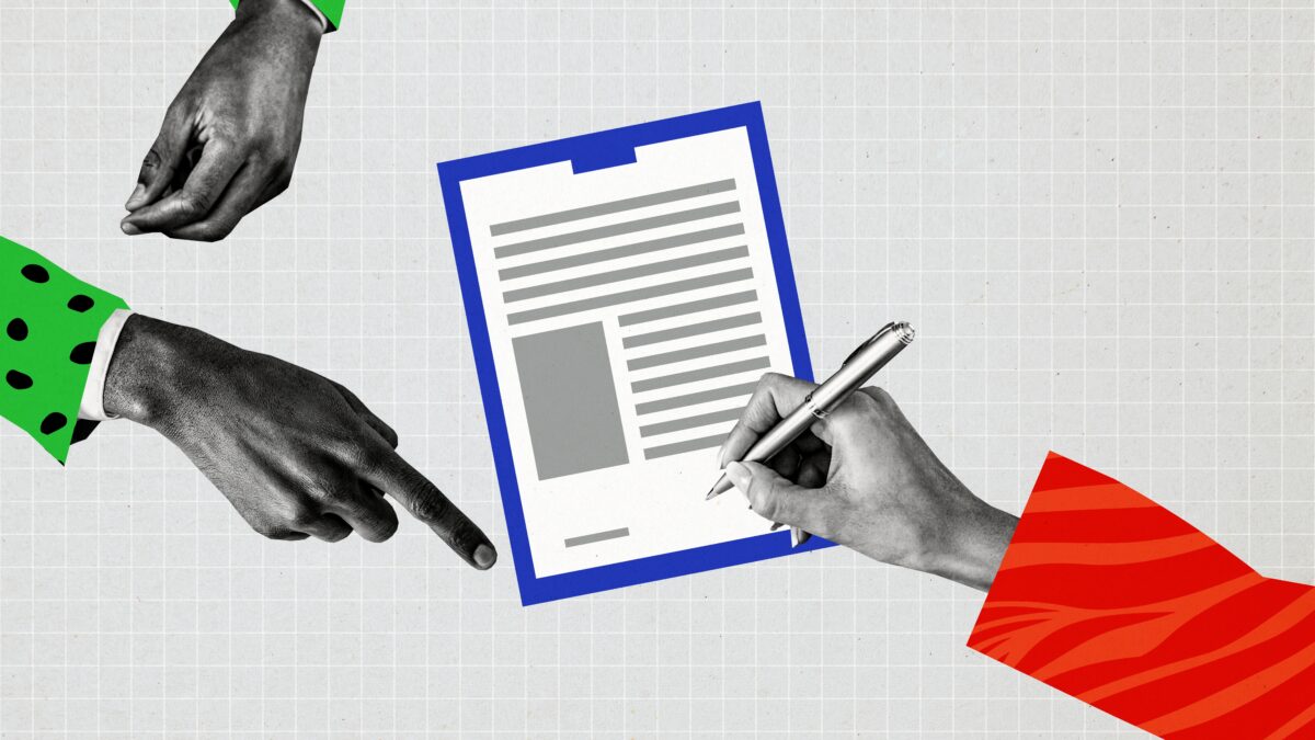 One arm, wearing a bright red sleeve, signs a document, while two hands in green polka dot sleeves point at it.
