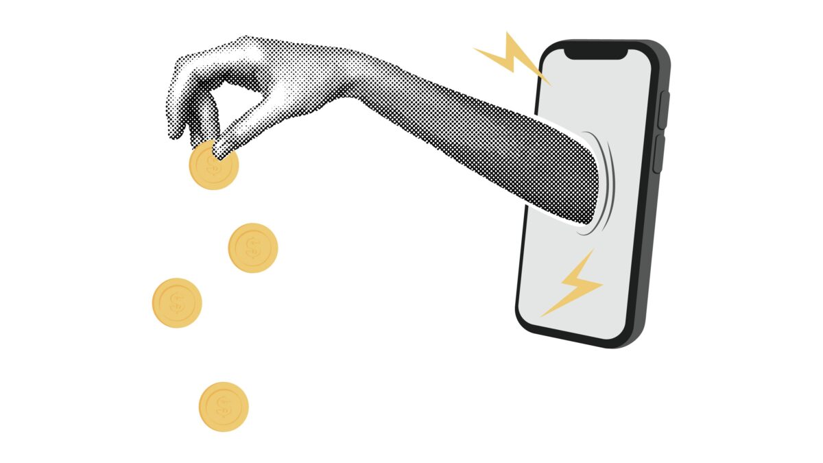 A hand coming out of a phone drops coins